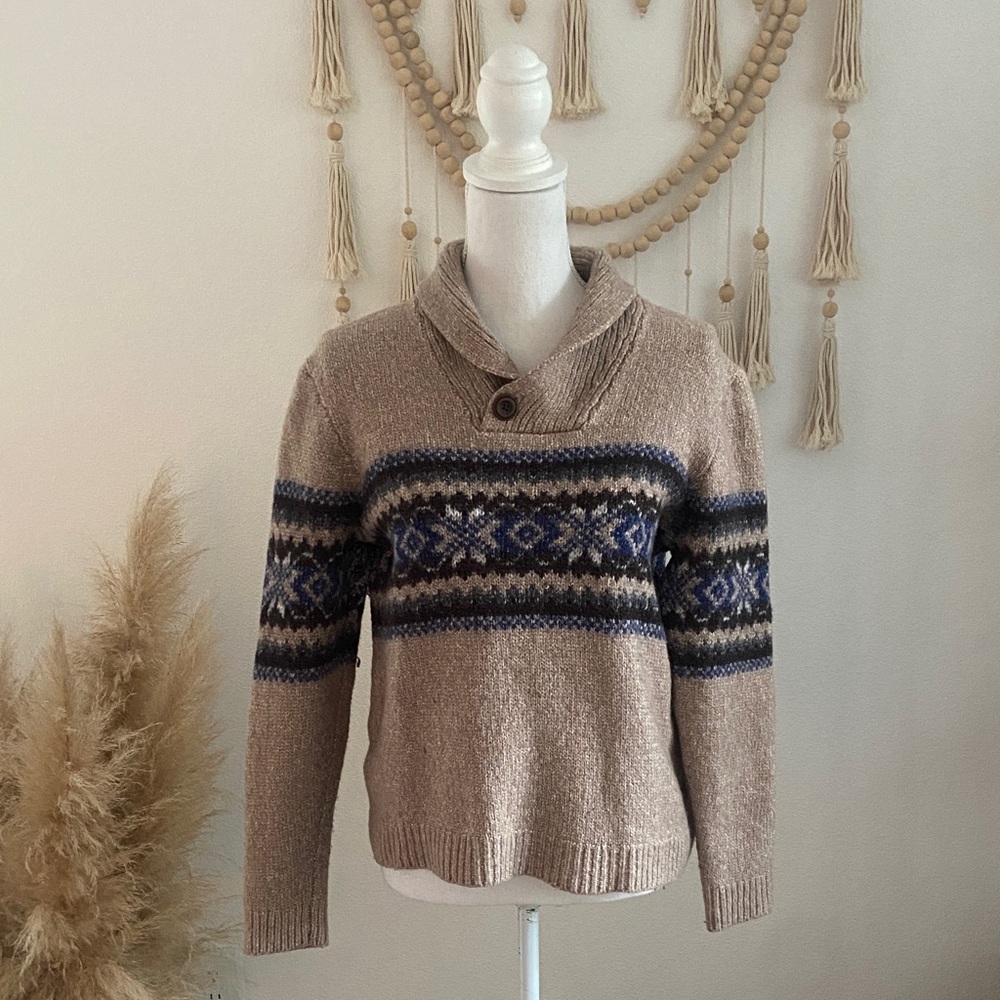 Tommy Bahama tan fair isle sweater neutral blue brown shrunken wool medium large